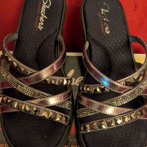 Skechers Women's Black and Silver Studded Sandals